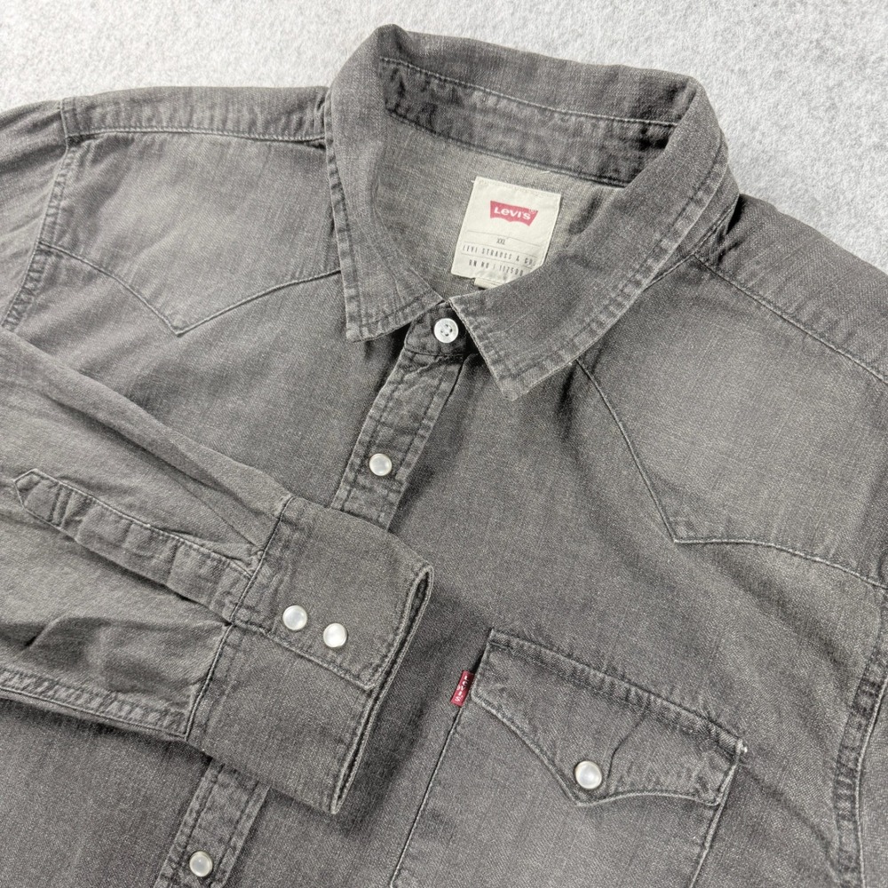 Levi's Denim Shirt Mens 2XL Black Gray Western Pearl Snap Long Sleeve